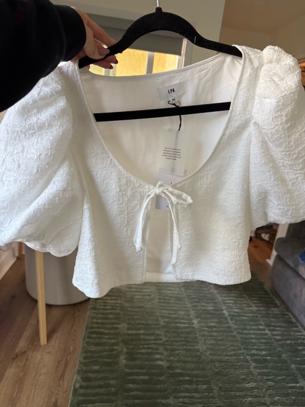 LPA White Textured Tie-Front Puff Sleeve Crop Top